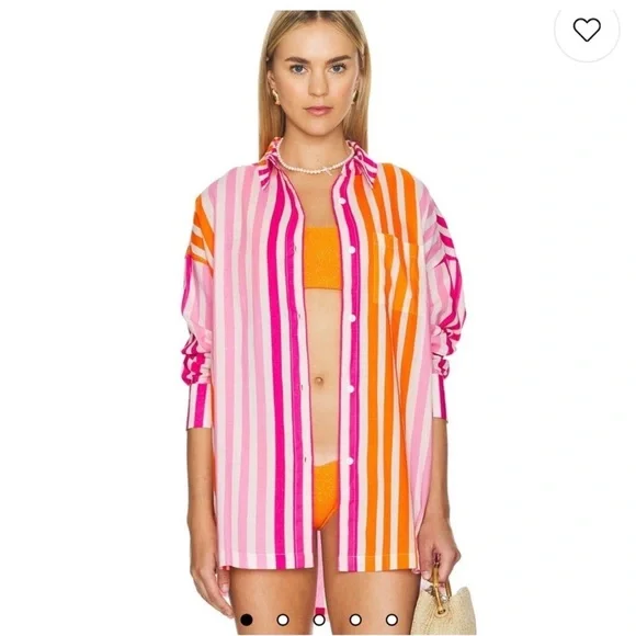 Beach Riot Pink Orange Striped Beach Resortwear Button Down Cover Up Shirt Sz PL - Picture 2 of 11